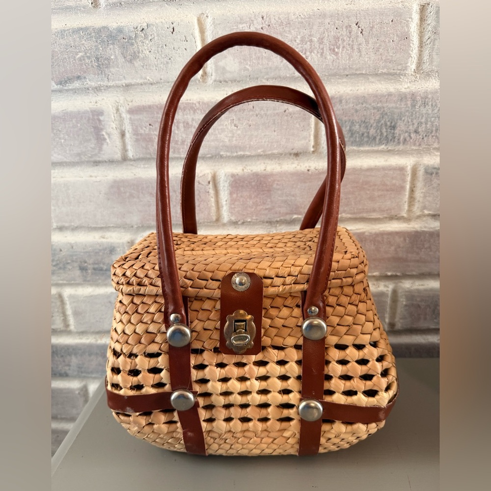 Woven Straw Shoulder Bag with Brown Leather Trim